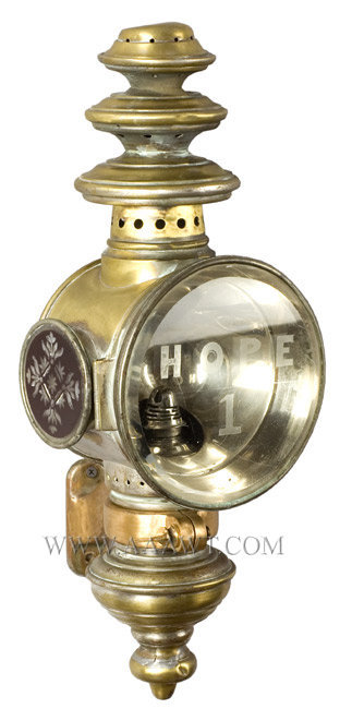 Fire Apparatus Side Lamp, Steamer Headlight and Brass Mount and Burner
HOPE 1
Gleason and Bailey MFG. Company
New York, entire view